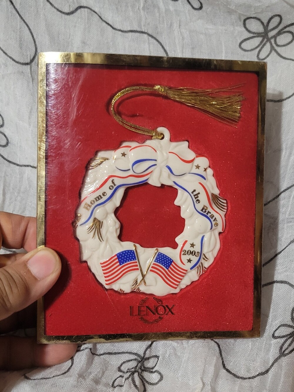 Vtg Lenox 2003 "Home of the Brave" Porcelain Christmas Wreath Ornament